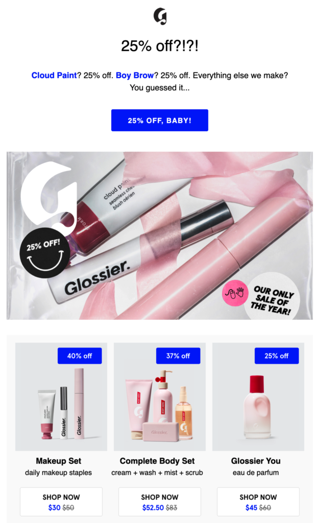 Glossier email sale 25% off