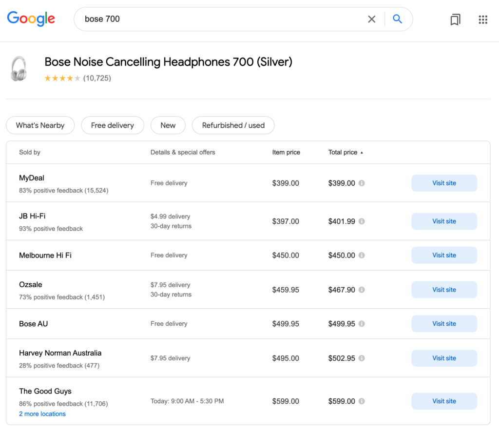 Compare prices Google Shopping