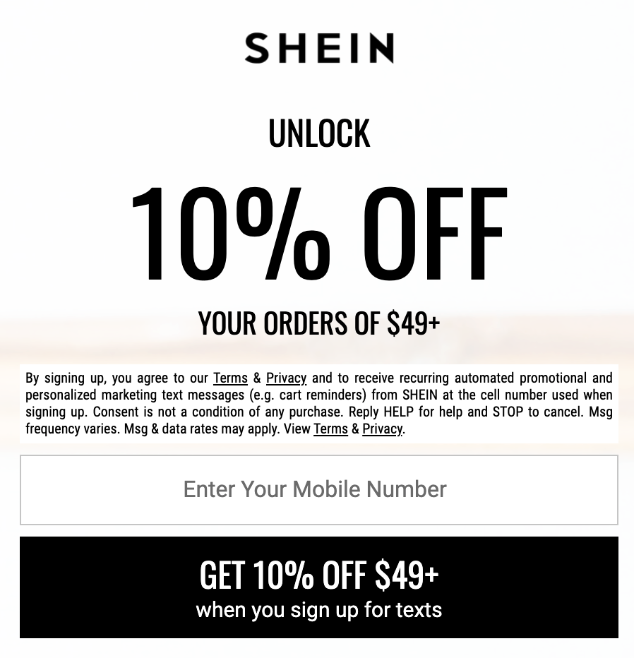 SHEIN text signup discount