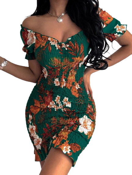 Allover Floral Shirred Drawstring Front Bodycon Dress